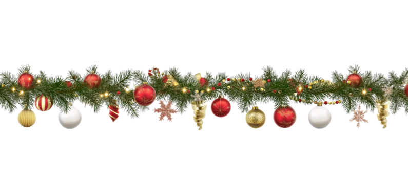Christmas Garland with Ornaments and Lights isolated on a transparent background 3 - Powered by Adobe