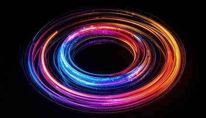 Glowing colorful circular light trails against a black background