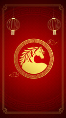 Chinese New Year Red Background with Zodiac Horse and Lanterns