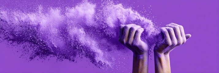 Hands releasing vibrant purple pigment in motion, epilepsy awareness, hope, support, and celebration of Purple Day