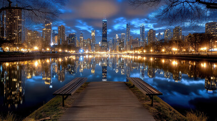 Naklejka premium Dock leading to illuminated city skyline reflected in calm river at night, serene atmosphere
