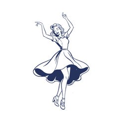 Retro dancing girl.Vintage swing dancer.Happy woman illustration.Pinup style dance.Joyful 50s character