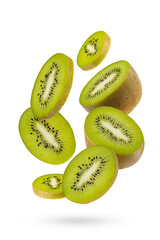 Slices kiwi fruit - rich green flesh, black seeds fly as flow on white background, isolated. Perfect for organic antioxidant food advertising, detox menu, fitness diet, product label, poster, design.