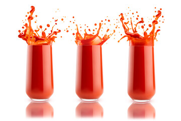 Red fresh tomato juice with splashing, fly drops in glass. Assortment of three glasses, isolated. Healthy vitamin cocktail for detox antioxidant diet program, fitness meny, wholesome homemade cuisine.
