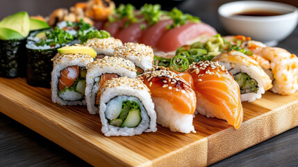 Fresh sushi platter with salmon nigiri, maki roll and avocado garnish, appetizing presentation
