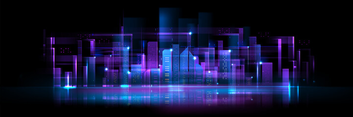 Naklejka na ściany i meble Abstract smart city background with neon buildings on black. Vector realistic illustration of futuristic hi tech cityscape with skyscrapers and light spots, communication network, vr architecture