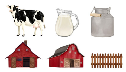 set of dairy products Dairy cow, milk bucket, milk jug, farm, wooden house, barn, hand drawn on transparent background.