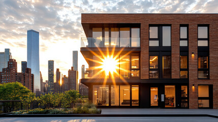 Modern apartment building with city skyline sunset glow and rooftop garden