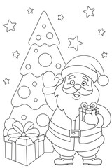 Cute Santa Claus with gift boxes and a Christmas tree in a festive doodle style, isolated on a clean background. Perfect for printable coloring pages, kids activities, or holiday decorations. Vector