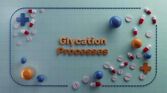 3D medical animation featuring "Glycation Processes" with detailed cellular structures, metabolic pathways, biological mechanisms and scientific visualization for educational, clinical, nutritional an