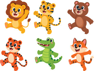 Cute Wild Jungle Safari Animals Cartoon Set: Lion Tiger Bear Alligator Fox Vector Illustration for Kids and Educational Content