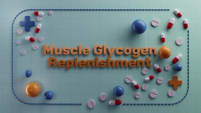 3D medical animation featuring "Muscle Glycogen Replenishment" with detailed cellular structures, metabolic pathways, biological mechanisms and scientific visualization for educational, clinical, nutr