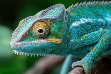 Close up of a vibrant blue chameleon