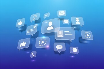 Collection of digital social media icons floating in a 3d space isolated on transparent background