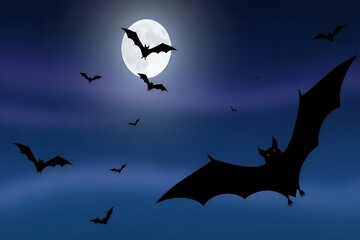 Silhouette of a flock of bats flying against a full moon at night isolated on transparent background