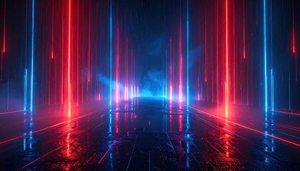 Futuristic tunnel bathed in red and blue neon light reflecting on a wet, metallic surface