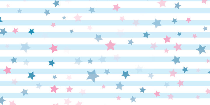 Repeated scattered stars and round dots on uneven striped background. Cute seamless pattern for girls. Endless girly print. Vector illustration.