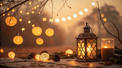 Magical Autumn Evening Background with Hanging Garland Lights and Cozy Pine Cones
