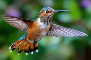 Obraz premium Beautiful hummingbird hovering among vibrant flowers in a lush garden during sunny day