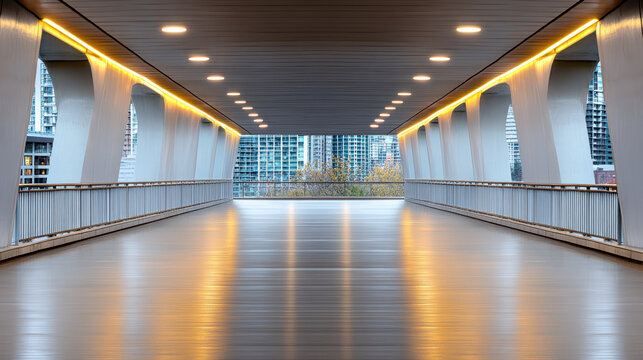 Modern illuminated pedestrian bridge walkway with city skyline view and warm reflections - Powered by Adobe