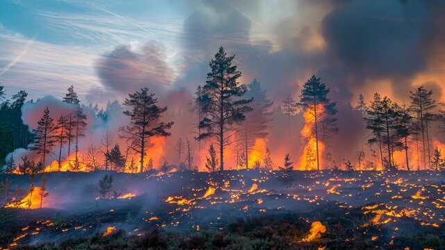 Forest fire with trees engulfed in flames, showcasing generative ai technology in action