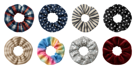 PNG Colorful patterned hair scrunchies element set, transparent background