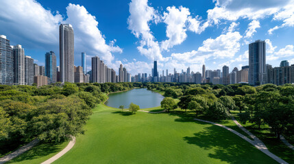 Obraz premium Urban skyline park lake green lawn under blue sky with clouds