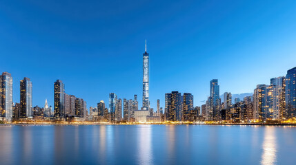 Obraz premium Modern skyline dusk with waterfront reflection and illuminated tower