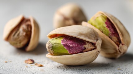 Freshly cracked pistachios on a light gray surface with a few whole nuts nearby