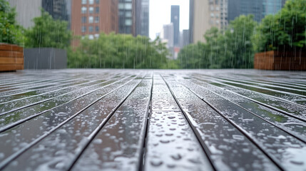Fototapeta premium Rain drops on wooden deck in city garden during rain, reflective wet surface evokes calm