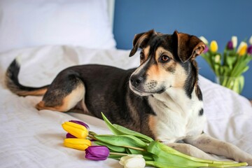 A happy dog relaxing with a bouquet of tulips