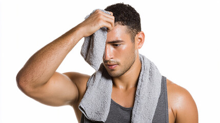 Man wipes sweat after intense workout in gym during afternoon