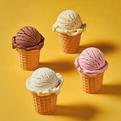 Four delicious ice cream cones arranged on a bright yellow background