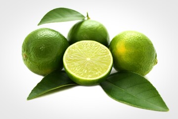 Fresh green limes with leaves and one cut in half