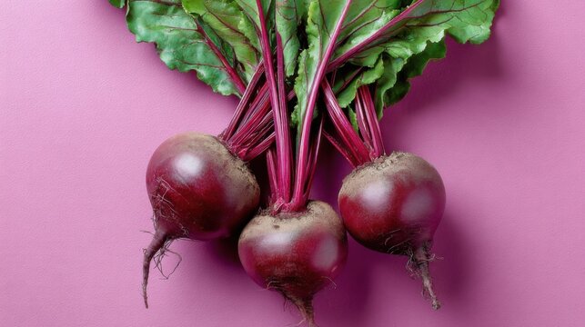 Red beets with green leaves on a pink background arranged for display and decoration in a kitchen setting - Powered by Adobe