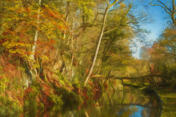 A digital illustration capturing autumn scenics along the Leek branch of the Caldon canal waterway.