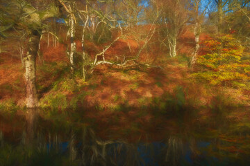 Vibrant autumn digital illustration of tree and leaf colours along the Leek branch of the Caldon canal inland waterway in Staffordshire, England, UK.