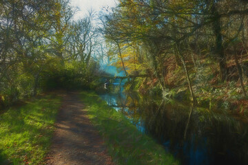 A digital oil painting of narrow boats moored along the Leek branch of the Caldon canal in Staffordshire.