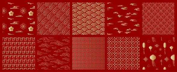 Chinese seamless pattern set, gold and red Asian background