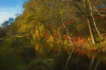 Digital oil painting capturing autumn tree and leaf colours along the Leek branch of the Caldon canal in Staffordshire.