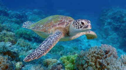 turtle floating in the blue ocean