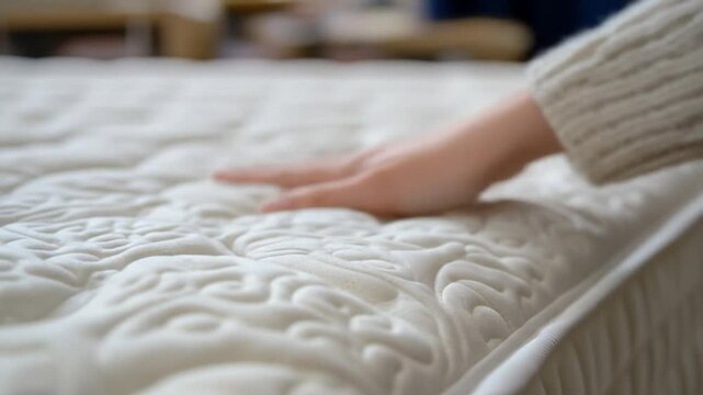 Hand rests on a textured, plush, white surface, like a mattress. Soft lighting