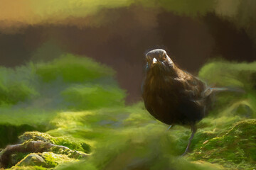 Digital illustration portrait of a female Blackbird in the forest.