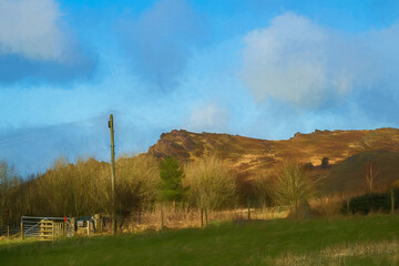 Hen Cloud winter sunrise digital illustration in the Staffordshire Peak District National Park.