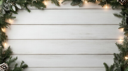 Rustic evergreen wreath border with warm lights and pinecone accents, cozy festive mood