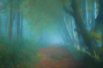 A digital illustration of arching beech trees with autumn foliage and a misty woodland path at Upper Moor in the Derbyshire Dales.