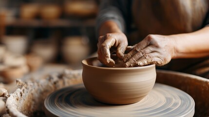 Potter creating a clay bowl on a pottery wheel in a workshop