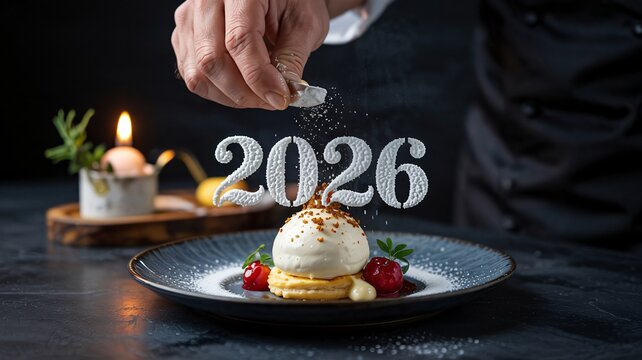 close up chef hand dusting powdered sugar over elegant New Year 2026 dessert - Powered by Adobe
