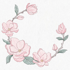 Frame with Flowers. Watercolor Vector Wreath. Aquarelle Magnolia Illustration. Watercolor Paper Bacground Separate from the Illustration. Round Floral Frame with space for Text.	