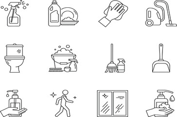 Obraz premium Comprehensive Cleaning and Hygiene Vector Line Icons Set, Including Vacuum, Spray, Toilet, Hand Washing, and Housekeeping Equipment Symbols
